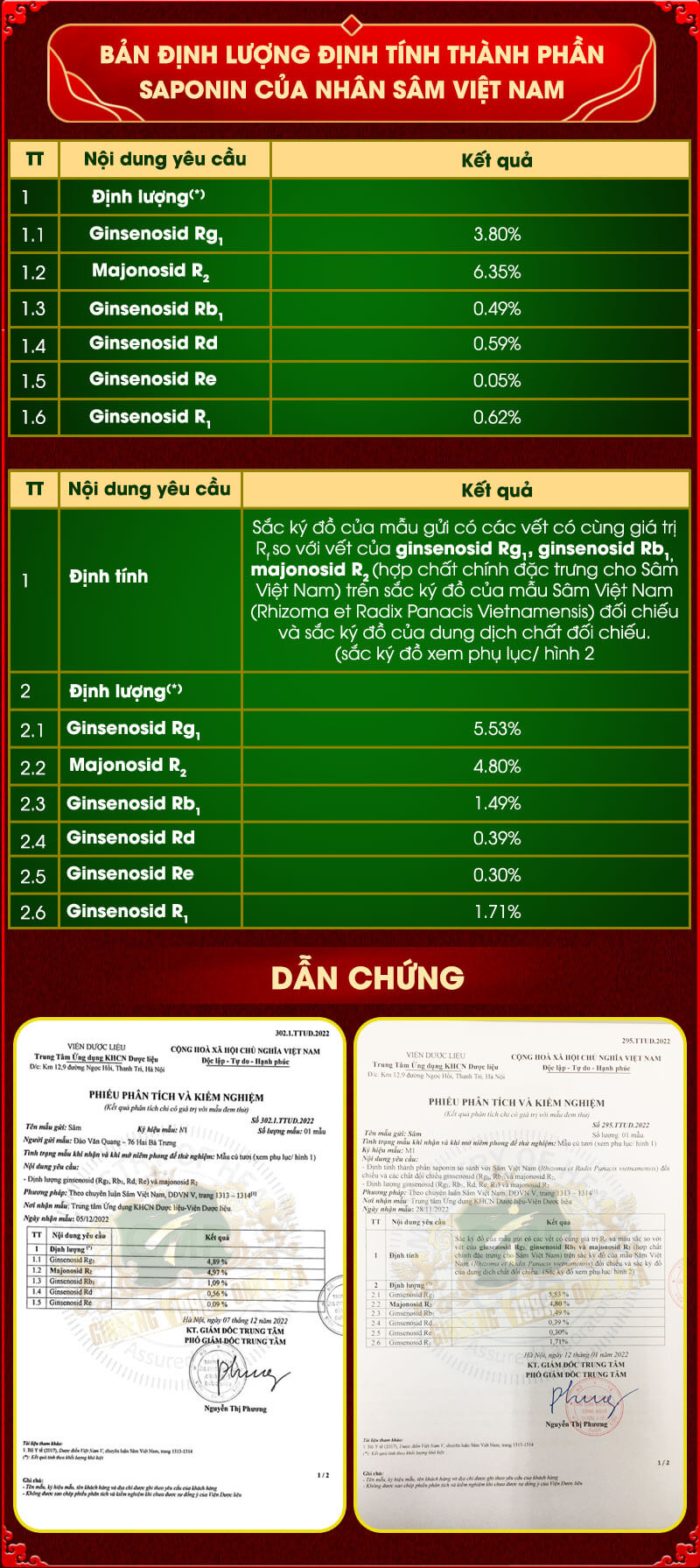 Bản định lượng định tính thành phần saponin của nhân sâm Việt Nam (sâm Ngọc Linh) do GINSENG ONPLZA trồng và kiểm định.